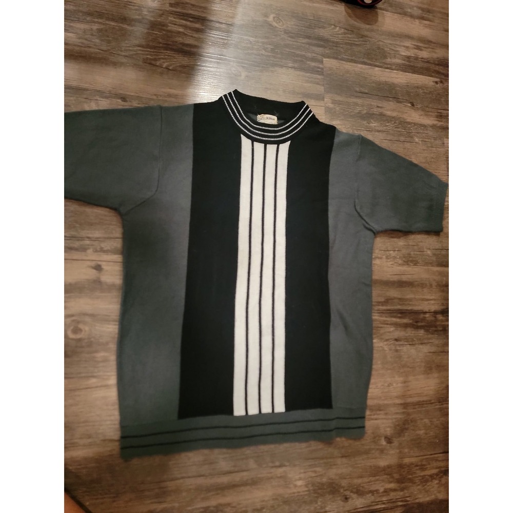 Vintage Kmart Full-Fashion Men Short Sleeve Knit Sweater Grey Black Striped M